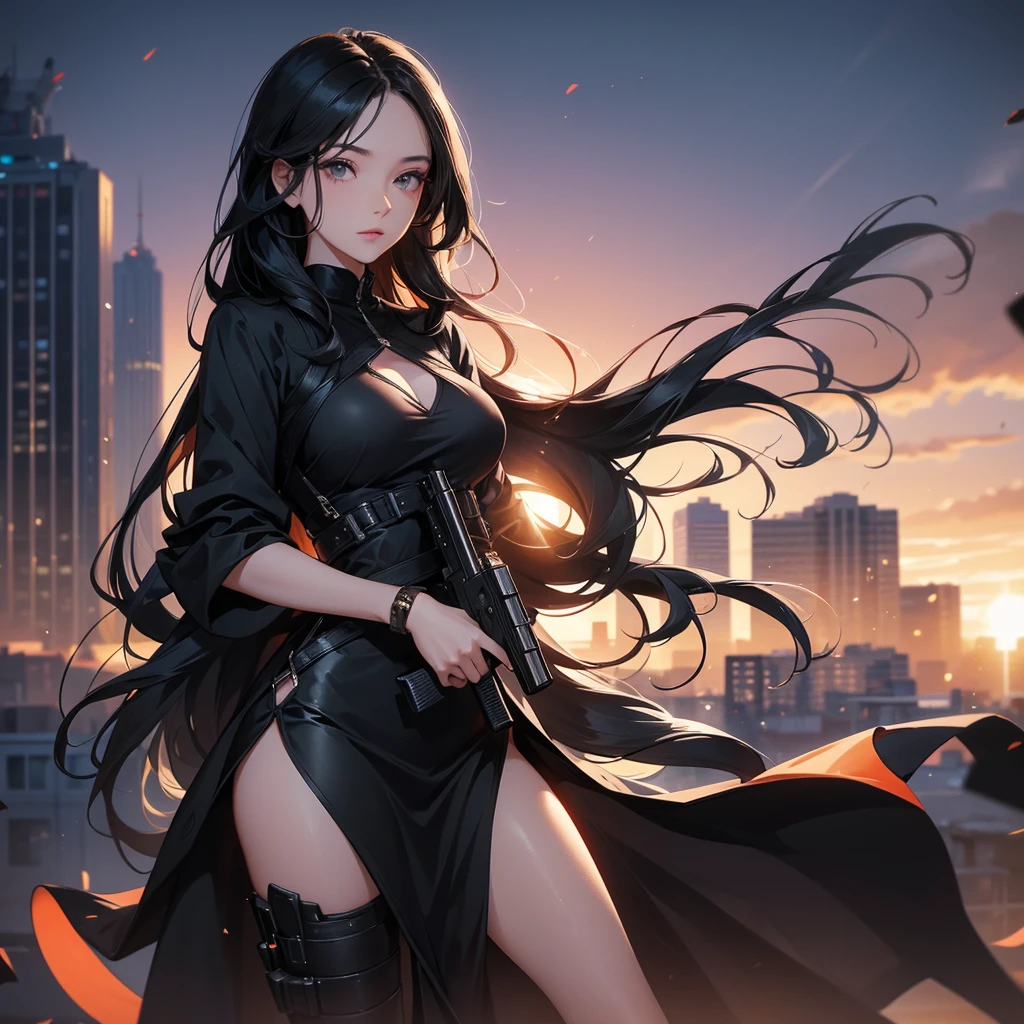 a beautiful woman with long black hair, wearing a tight black dress, standing holding a pistol, aiming the barrel at the bad guys, on a tall building, the sun is setting, close up.
