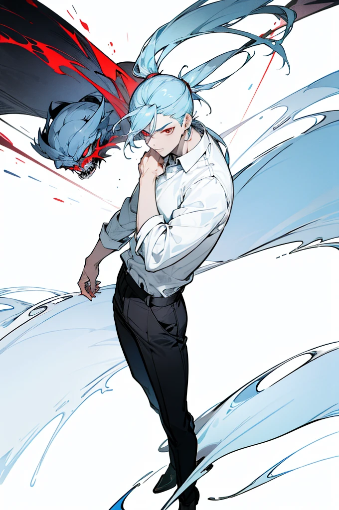 A man with light blue hair, a ponytail, red eyes, a white long-sleeved shirt, black pants, and a handsome face.