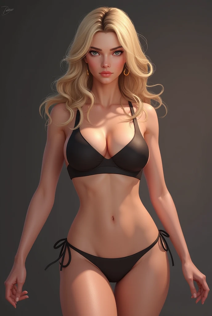 Lana Rhoade sexy, with blonde hair, she is wearing a black bikini sweatshirt