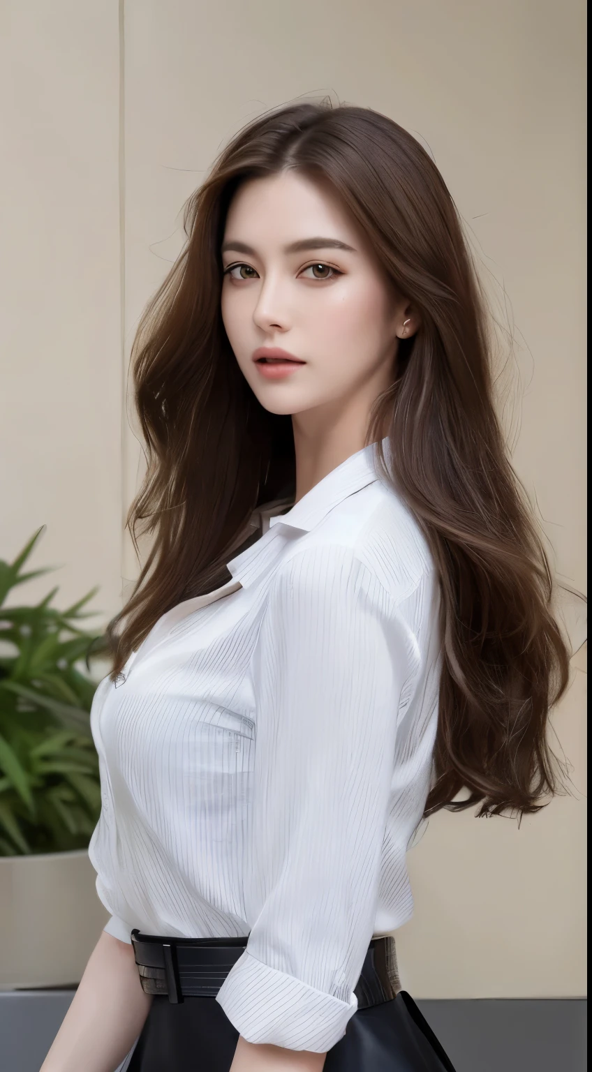 (best quality, high resolution, masterpiece :1.3), Tall and pretty woman, slim abs, Dark brown hair in loose wave style, chest, wearing pendants, White button-up shirt, belt, black skirt, (Modern architecture in the background), Detailed expression of the face and skin texture, detailed eyes, double eyelid