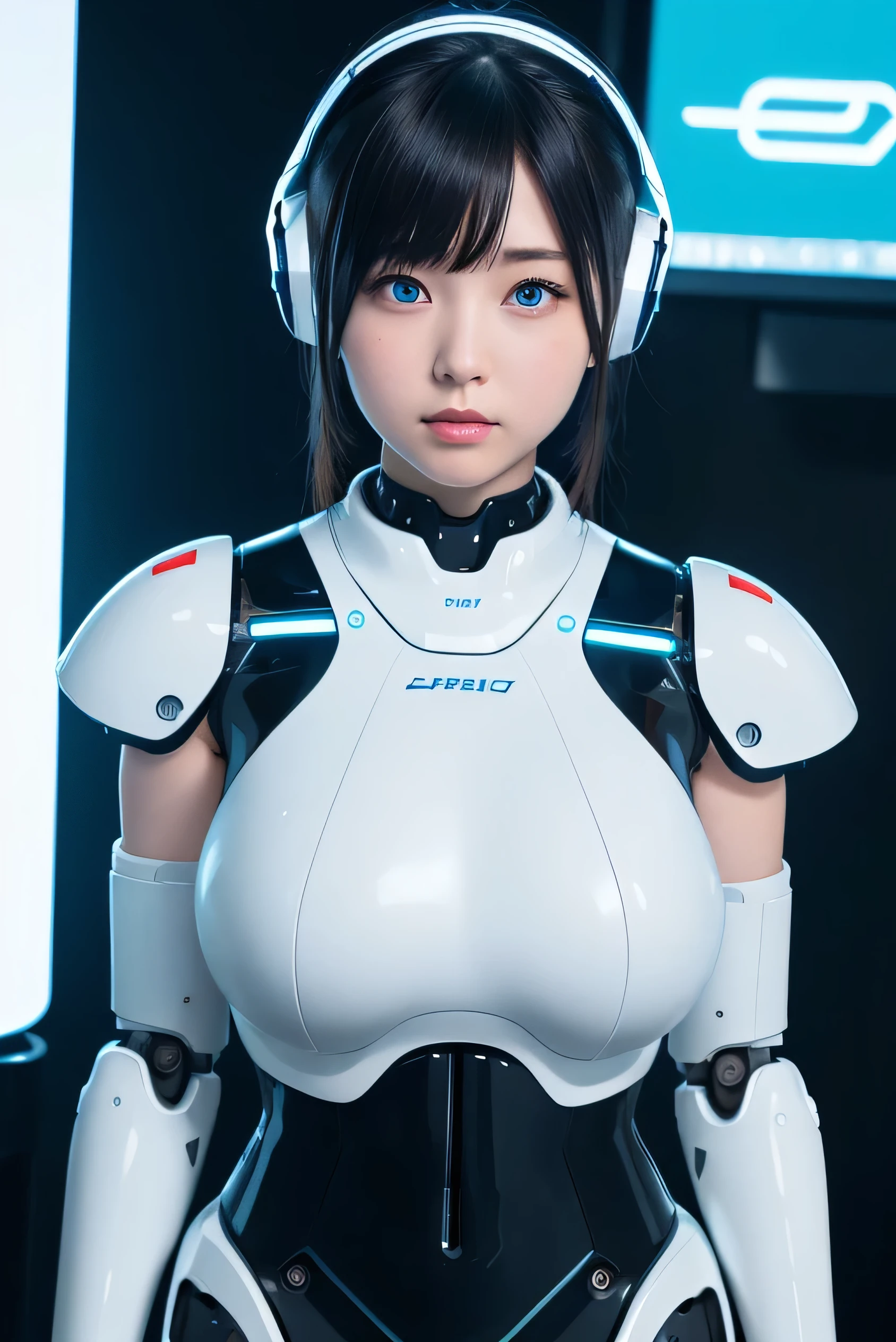masterpiece, Best Quality, Extremely detailed, Japaese android girl,Plump,chubby,control panels,android,Droid,Mechanical Hand, ,Robot arms and legs, Black hair,Mechanical body,Blunt bangs,White Robotics Parts,perfect robot woman,Charging spot,Long Tube,A thick cable was connected to her neck,ceramic body ,Mechanical body, mechanical ear covers,android,robot humanoid,a bit chubby,panty,full eyes,perfect mechanical body,white robotics body,future laboratory,android factory,mechanical ear cover,white and aqua uniform,costume with aqua accents,perfect cyborg girl,blue eyes,