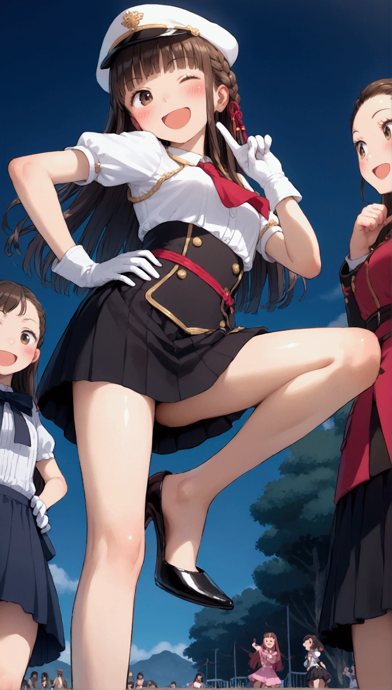 {Highest quality}, {Super beautiful},{Ultra fine},{Best illustration},Brown Hair,Hime cut,long hair,Braid,One woman,Standing woman,Strike a pose,Adult women,smile,Excited face,Wink,Uniform cap,White Shirt,Short sleeve,long black skirt,White gloves,Night Festival,Blushing,Slender,Black stiletto heels,barefoot,From an angle,From below,Put one hand on your hip,Spread your legs,Spread one leg