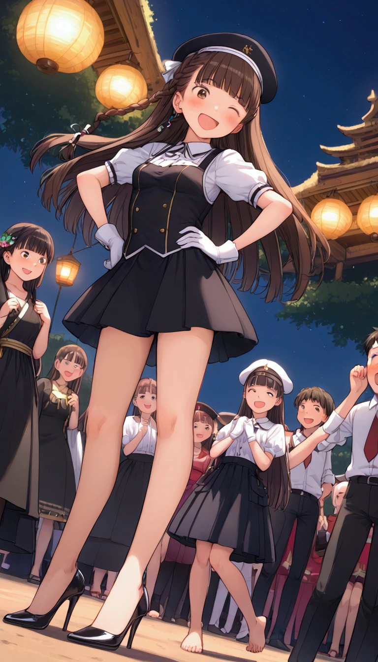 {Highest quality}, {Super beautiful},{Ultra fine},{Best illustration},Brown Hair,Hime cut,long hair,Braid,One woman,Standing woman,Strike a pose,Adult women,smile,Excited face,Wink,Uniform cap,White Shirt,Short sleeve,long black skirt,White gloves,Night Festival,Blushing,Slender,Black stiletto heels,barefoot,From an angle,From below,Put one hand on your hip,Spread your legs,Spread one leg