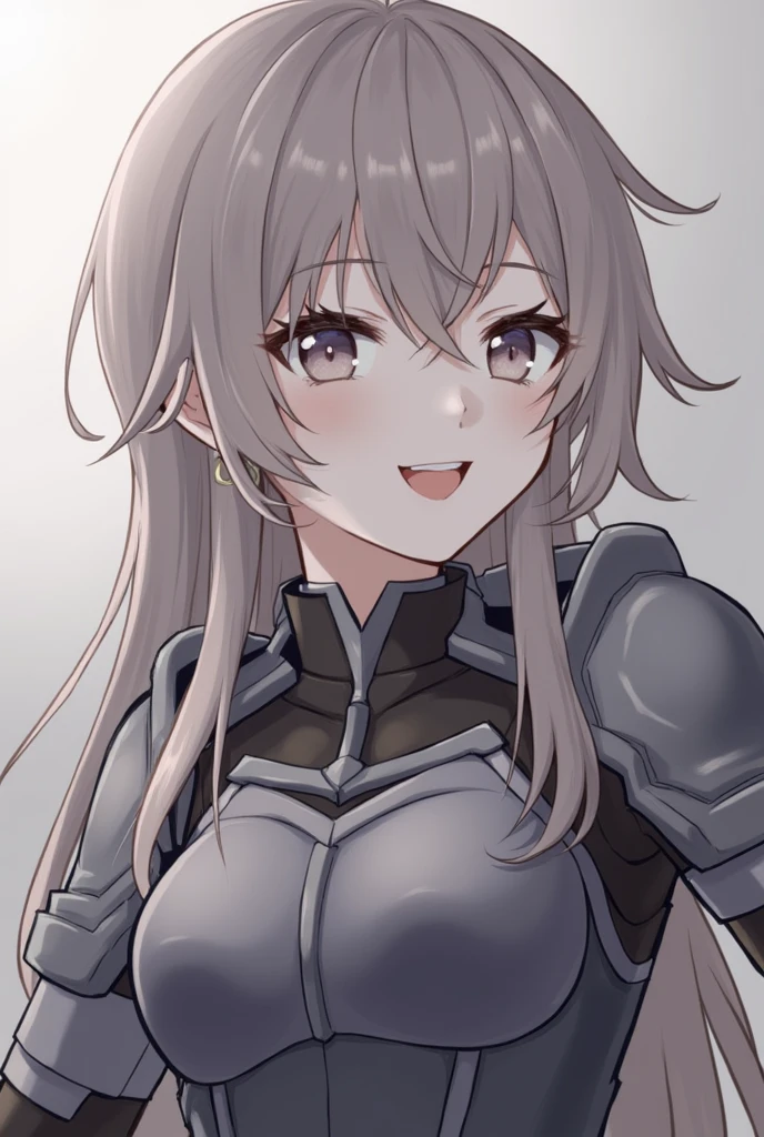 1 Girl, armor, 黑色of_hair, Vague, Vague_background, Vague_prospect, breast, 蓝色of_Eye, closure_Mouth, depth_of_site, earrings, Jewelry, 长of_hair, Watching_exist_Viewer, Smile, 独自of, superior_Body