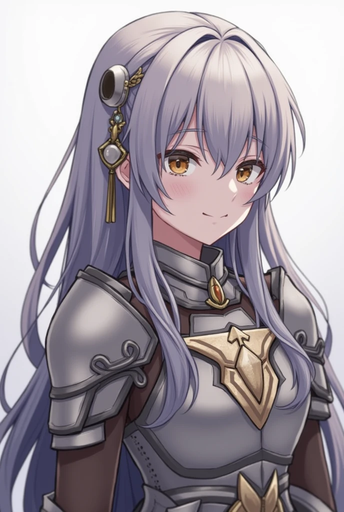 1 Girl, armor, 黑色of_hair, Vague, Vague_background, Vague_prospect, breast, 蓝色of_Eye, closure_Mouth, depth_of_site, earrings, Jewelry, 长of_hair, Watching_exist_Viewer, Smile, 独自of, superior_Body