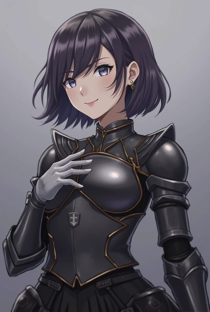 1 Girl, armor, 黑色of_hair, Vague, Vague_background, Vague_prospect, breast, 蓝色of_Eye, closure_Mouth, depth_of_site, earrings, Jewelry, 长of_hair, Watching_exist_Viewer, Smile, 独自of, superior_Body