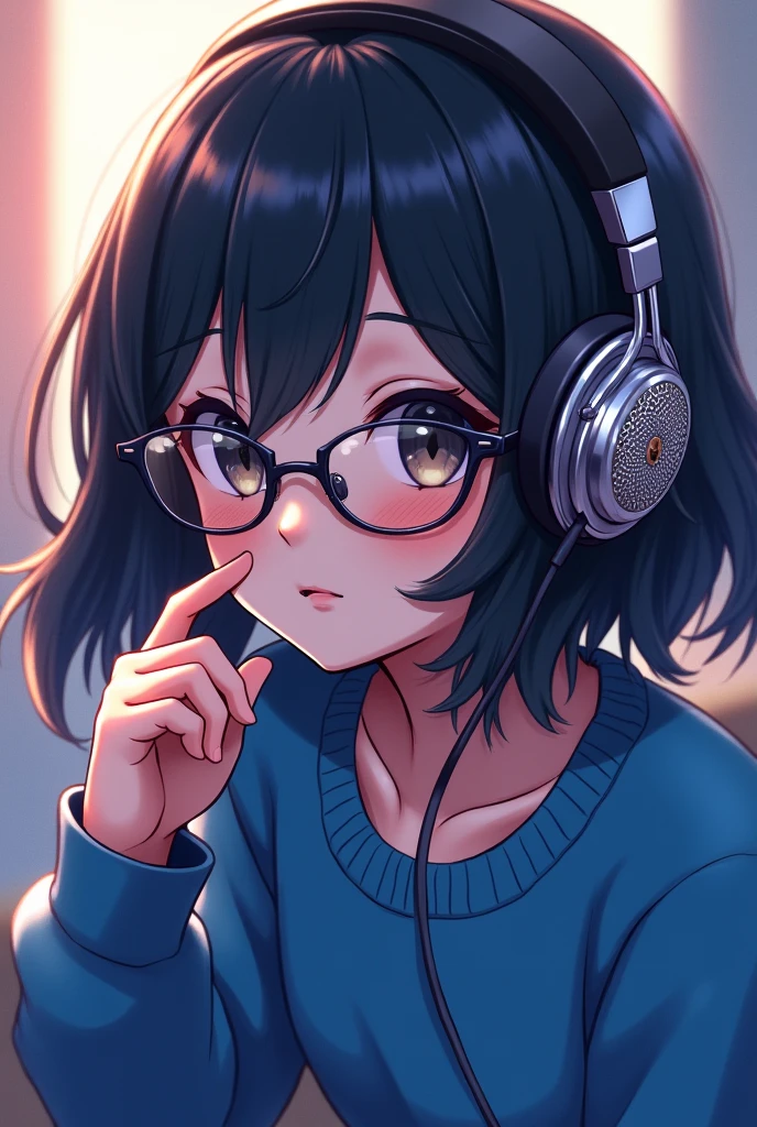 Anime,black hair,blue sweater,glasses, headphone