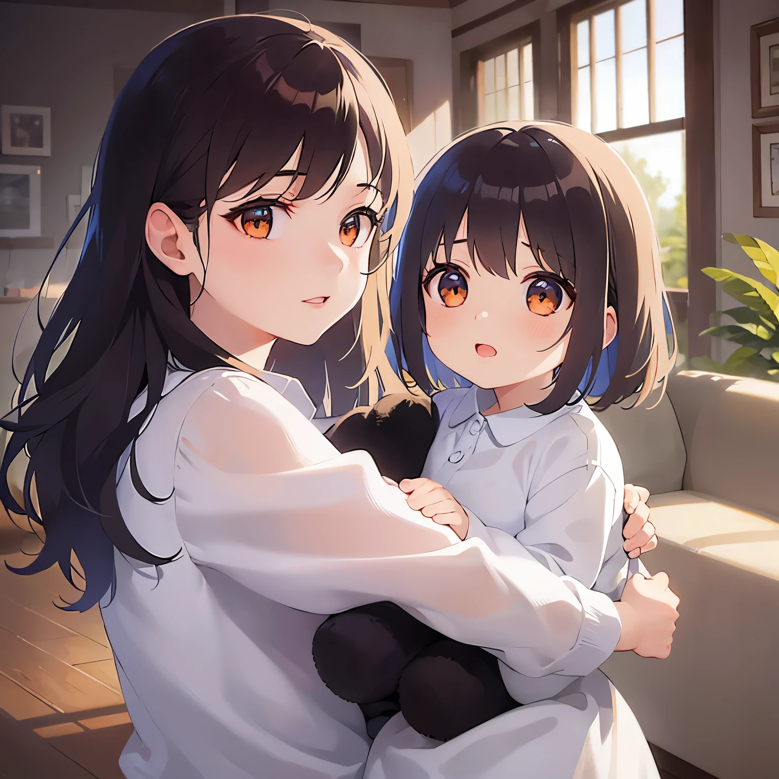 (looking away:1.5)Upper Body,Side shot、Holding a child, Realistic, real person, (pale skin: 1.2), RAW photo, photorealistic, shiny skin, shiny hair、 (A 25-year-old woman with medium-length hair and bangs) and (wavy hair) and (brown hair) and (orange eyes), White dress,Are standing、 smile,The background is the living room