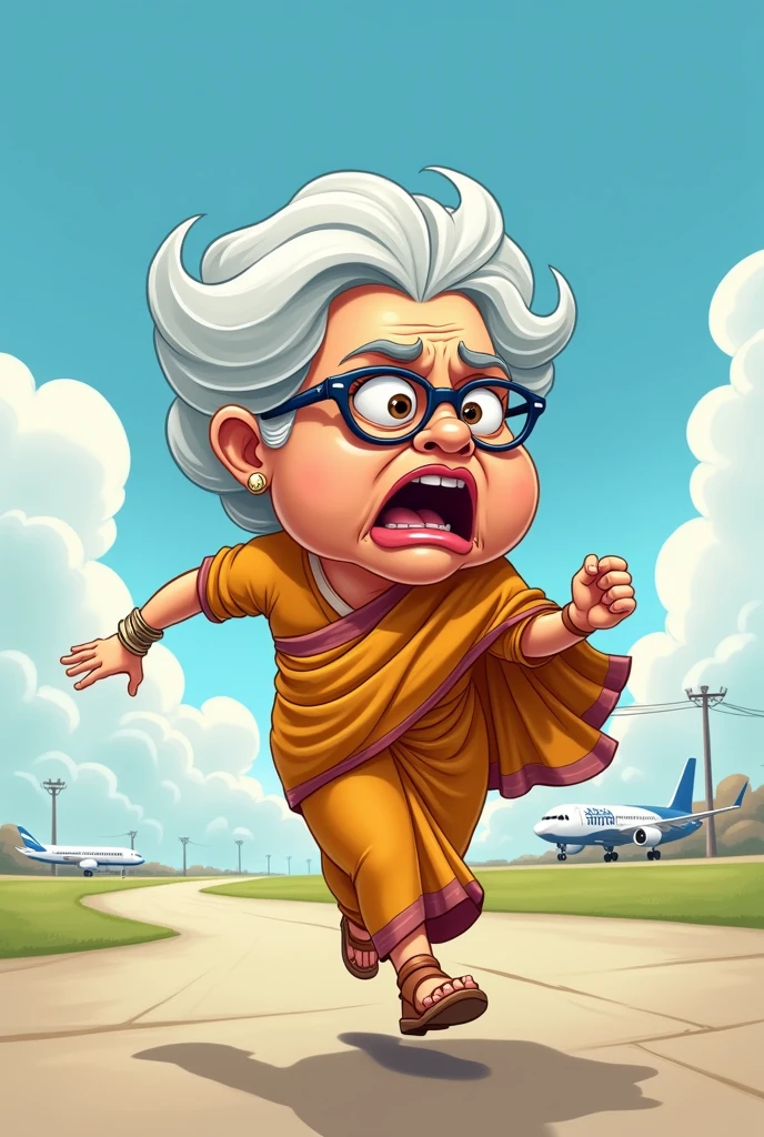sheikha hasina running towards plane on the surface,,grey and white hair,,wearing a saree,,in a hurry,,feared and worried expression,,cartoon,,with a big head and big nse,,wearing glasses,,running,,saree on her head,,fat
left side profile,,open mouth,,disgusting face