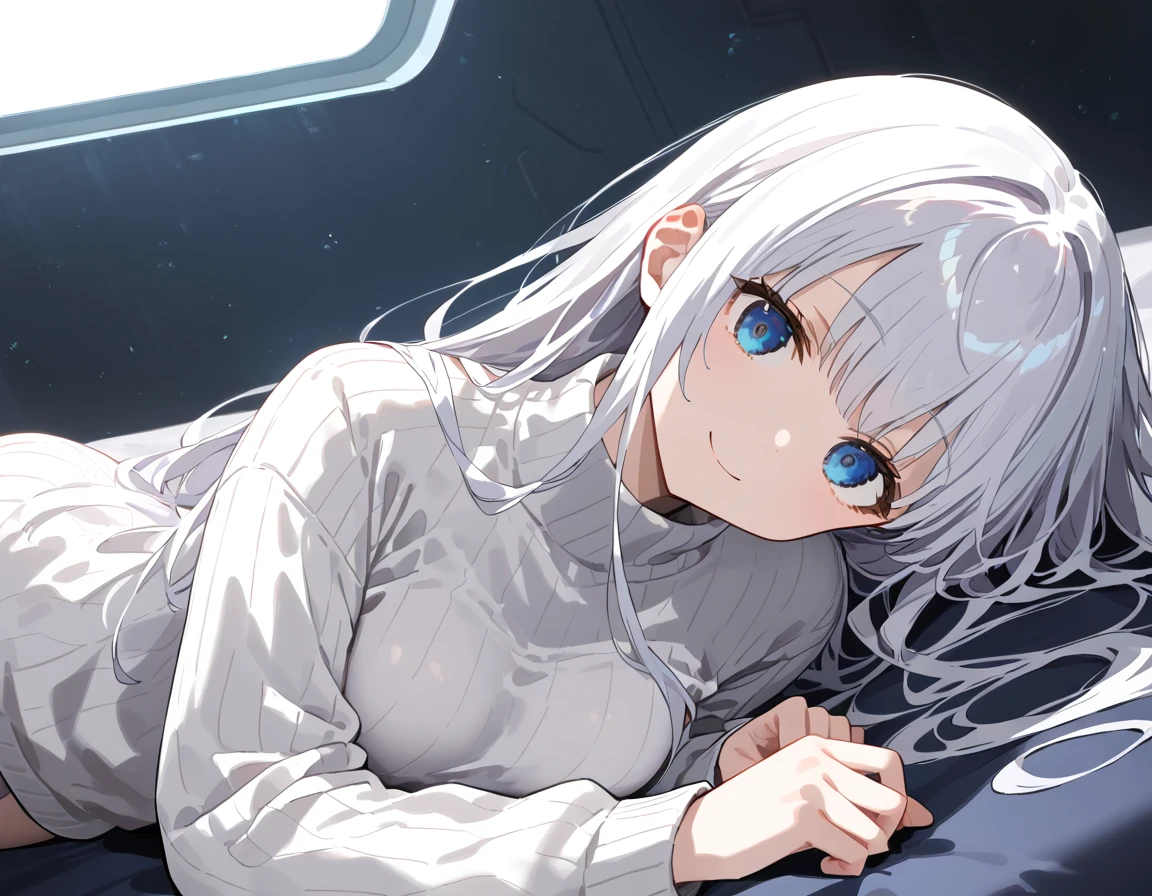 anime style, front view, oval face, Fair skin, Blue eyes blend black, ritsu hair, white hair, long hair, medium chest, white sweater, Slanted eyes, small smile, Lying, future bedroom, Volumetric light, Volumetric particles,