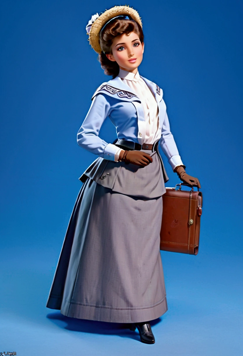 (masterpiece), (realistic), (((NSFW))). (ultra hd 8k), (realistic body proportions) Barbie as a pretty **** girl wearing her Victorian school uniform. Year 1895. 1890_dress. High-collar long sleeve white shirtwaist, cameo brooch, light blue shirt cloak over her shoulders, straw hat, gloves, knee-high light blue skirt, petticoats, stockings and boots. Long curly brunette hair. Short skirt. Light brown skin.