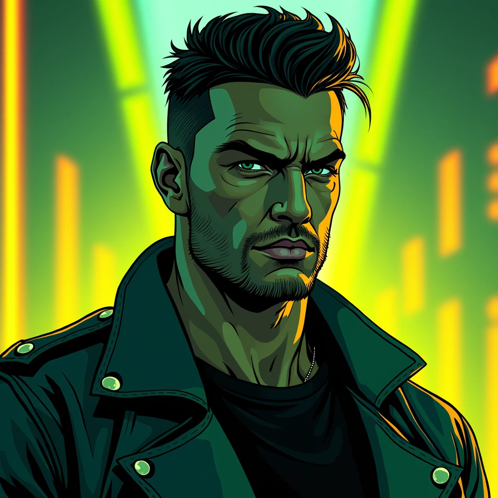 Medium shot of a man with a short stubble, Synthwave Nvinkpunk, vector art style, 4k, RTX, minimal, dual-tone colors of green and yellow