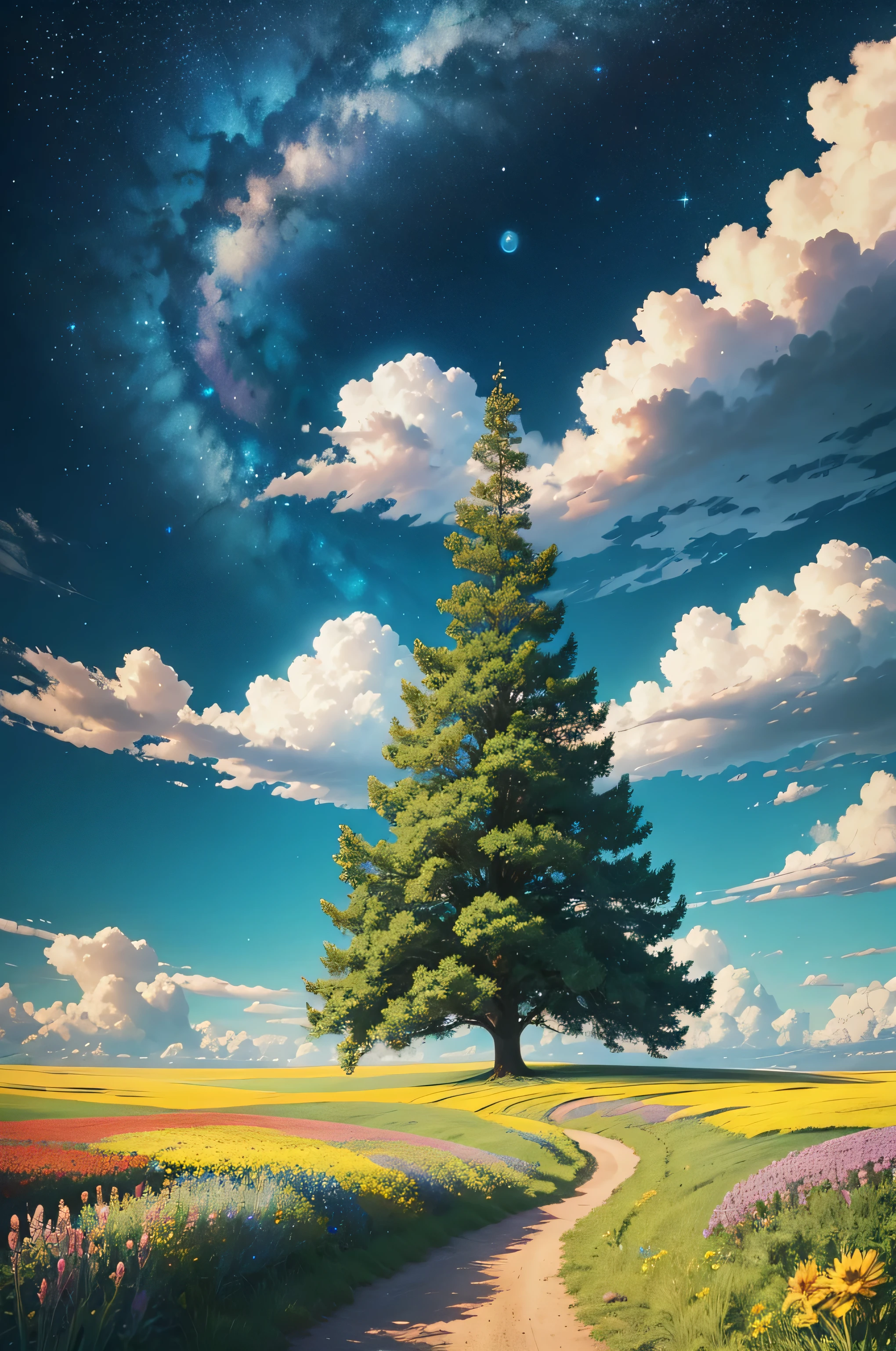 Viral anime nature wallpaper in 4K quality, in the style of Pixar 3D inspired by Toy Story, showcasing a lush meadow filled with colorful wildflowers, a clear blue sky with fluffy clouds, and a single majestic tree standing in the middle; bright and cheerful color temperature, cosmos lighting with stars twinkling in the sky, no human characters, the atmosphere is whimsical and joyful
