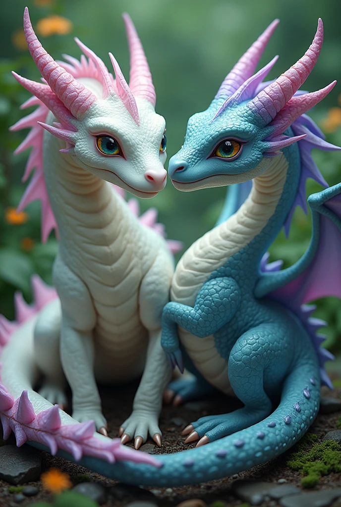 2 dragons, 1 dragon white eyes lilac and 1 dragon green
