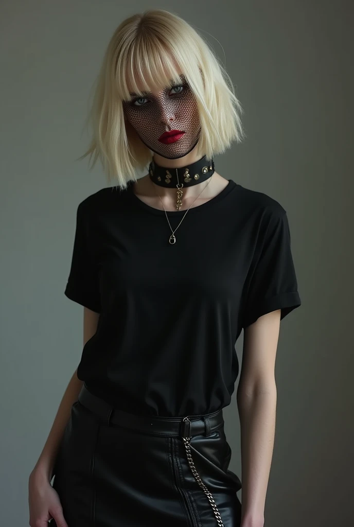 a blonde woman, short layered hair , with very feminine features, slim, wearing a slightly loose black AC shirt/DC, a black skirt, a net mask and gothic-style boots