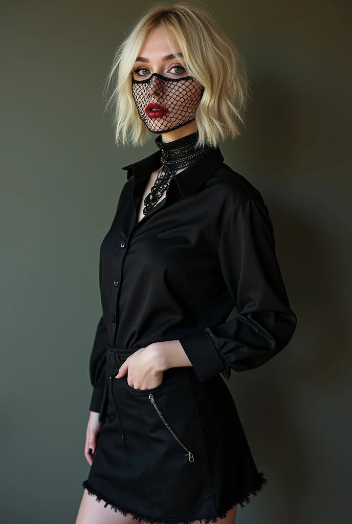 a blonde woman, short layered hair , with very feminine features, slim, wearing a slightly loose black AC shirt/DC, a black skirt, a net mask and gothic-style boots