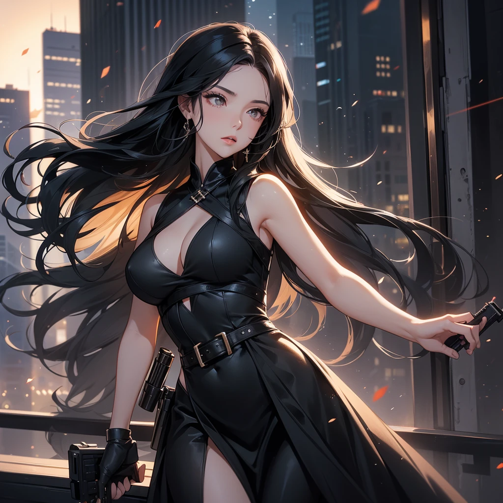 a beautiful woman with long black hair, wearing a tight black dress, standing holding a pistol, aiming the barrel at the bad guys, on a tall building, the sun is setting, close up.