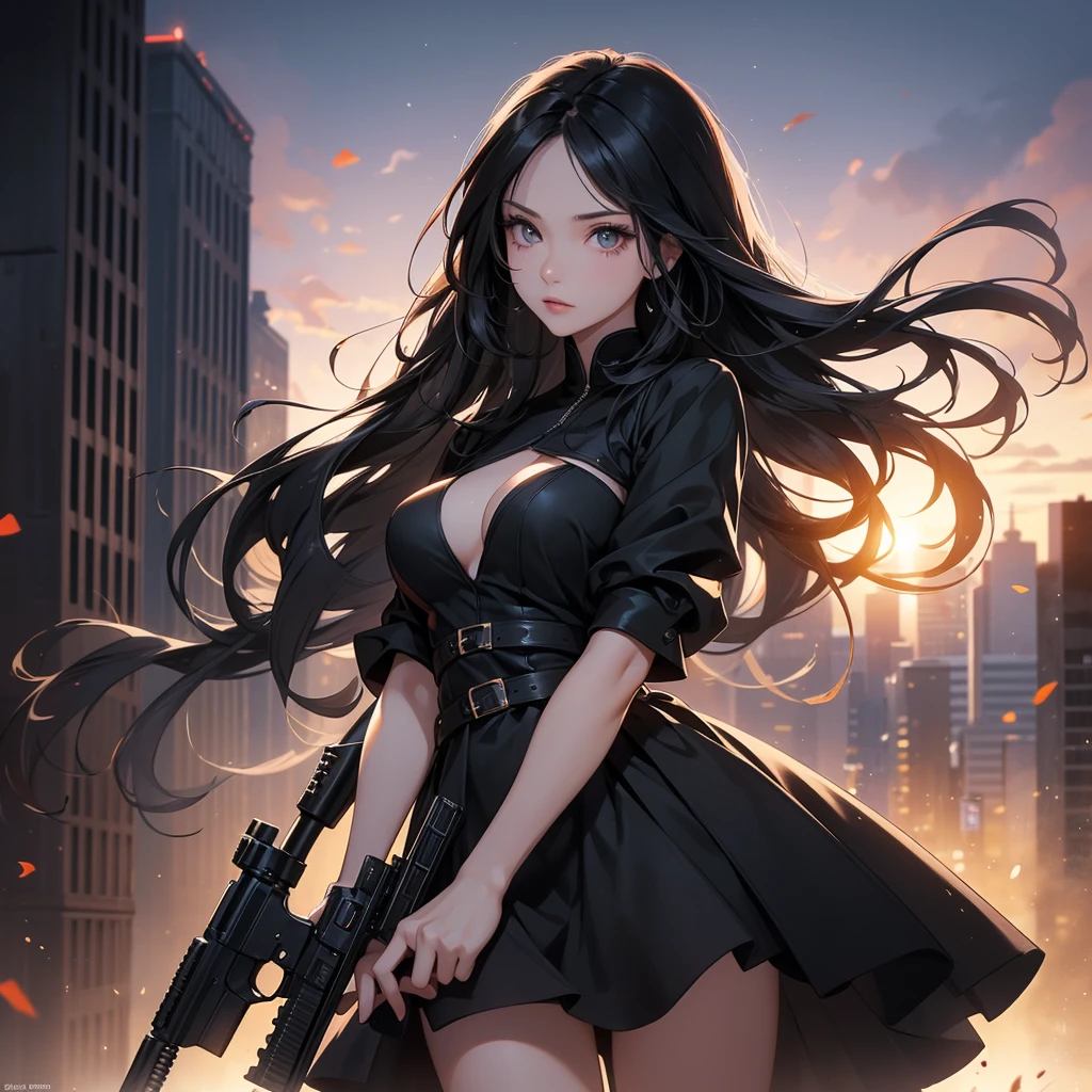 a beautiful woman with long black hair, wearing a tight black dress, standing holding a pistol, aiming the barrel at the bad guys, on a tall building, the sun is setting, close up.
