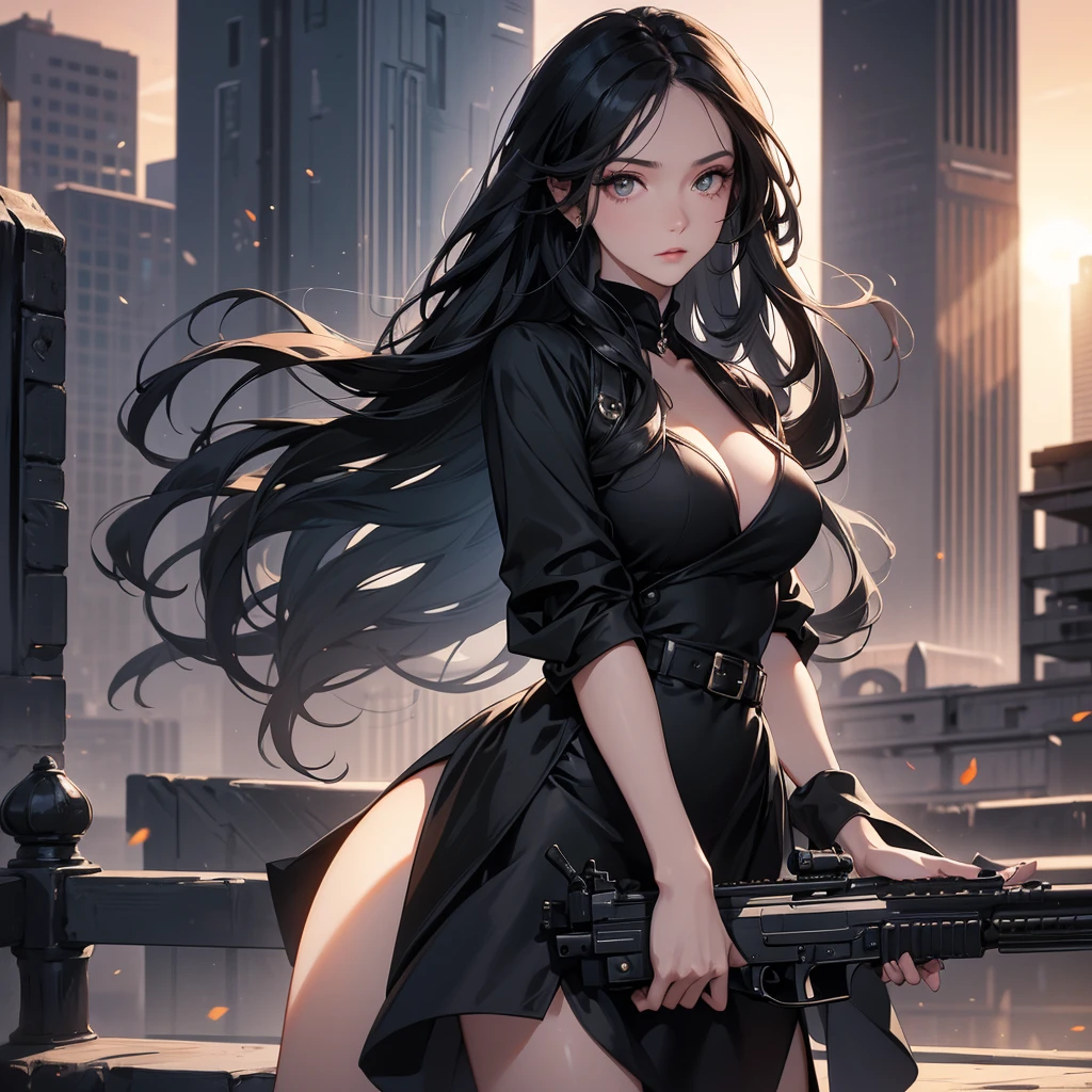 a beautiful woman with long black hair, wearing a tight black dress, standing holding a pistol, aiming the barrel at the bad guys, on a tall building, the sun is setting, close up.