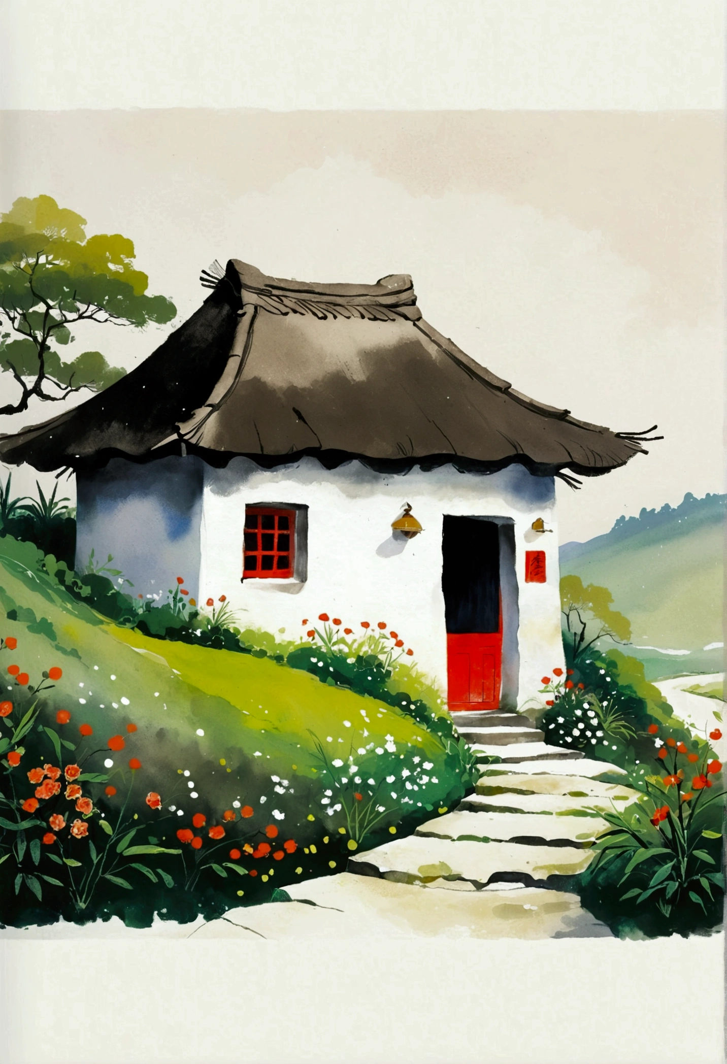 Sky occupies 3%/4,75%blank.Chinese Ink Painting Sketch:Peaceful and Freehand,Sketching,artistic conception:2.Dot,Modern and simple。A small thatched hut on a winding path - chimney,Minimalism,White background。(((Negative Space:2,大面积blank:2, Bottom left corner composition)))