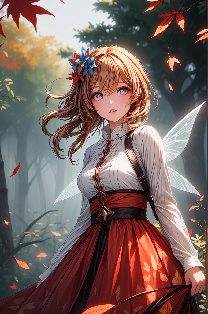 This is an ((ultra detailed)) and ((best quality)) fantasy (((masterpiece))). Generate a beautiful wood faerie standing in the middle of a magical forest. Detailed leaves of oranges and reds float through the air and seem to swirl in a strong gust of wind. The ((faerie's eyes are important)) and are beautiful eyes, ((realistically detailed eyes)), interesting eyes, and (((colorful eyes))) with complex patterns. Her clothes are soft and in autumnal hues, with flowing silk that dances in the breeze. Utilize ((dynamic composition)) and cinematic lighting to create a compelling image. Include beautiful eyes, (puffy lips), orange leaves, red detailed leaves, hazy rays of light, wind, cold