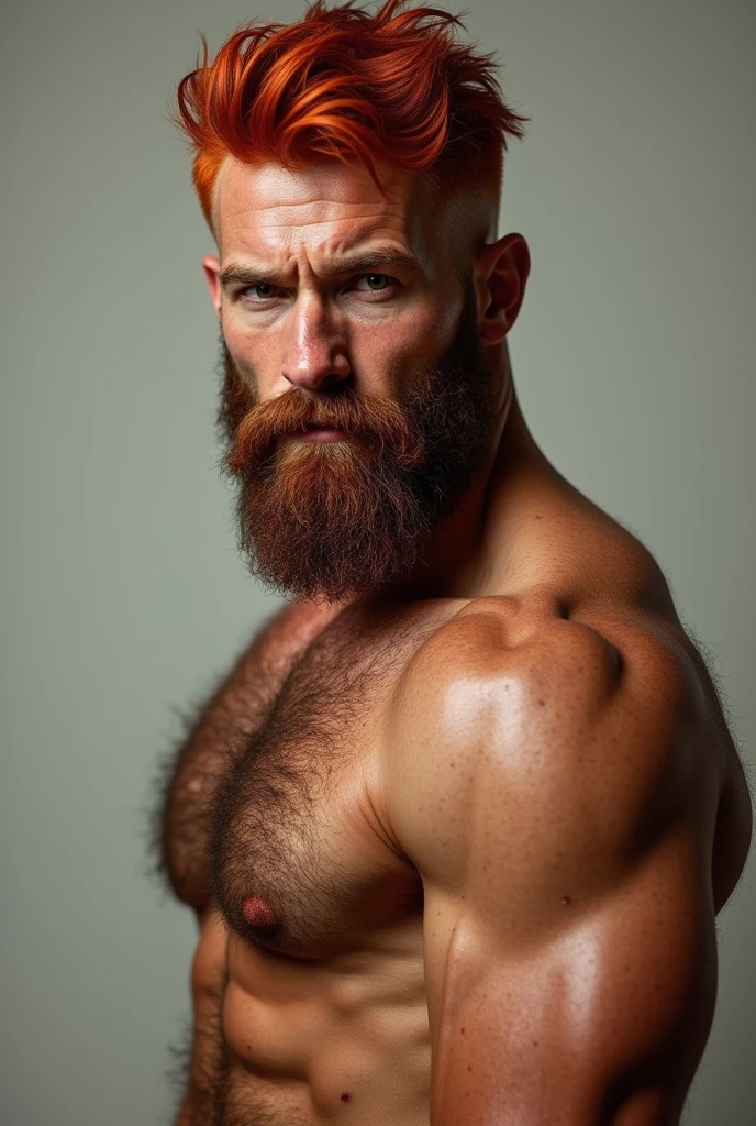 Shirtless redhead young man, bearded face, hairy chest