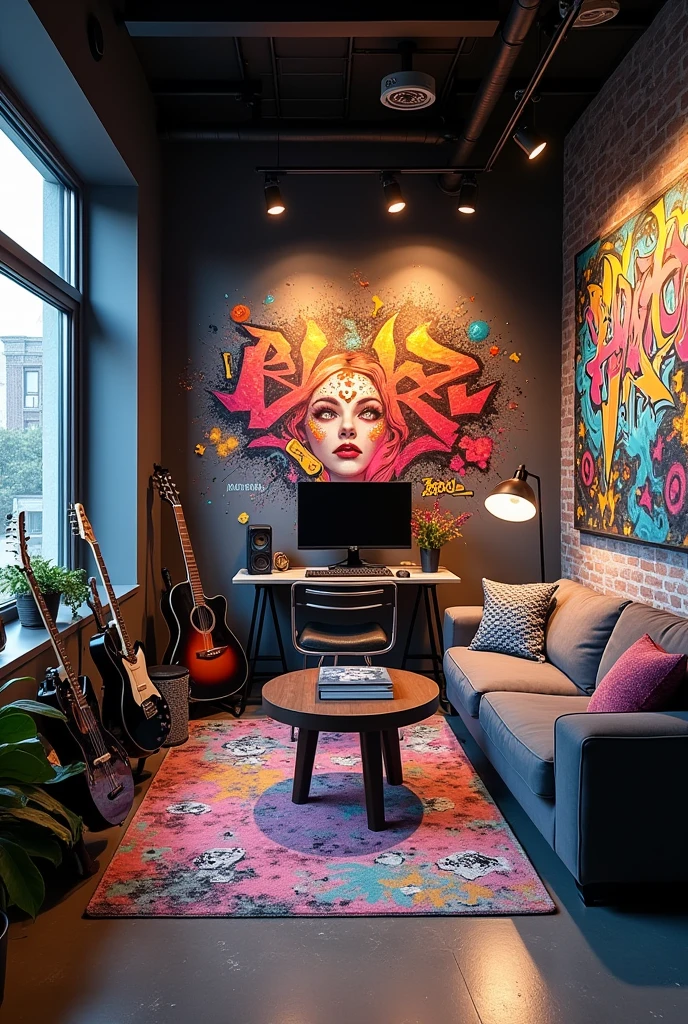Create a music room with instruments, modern young business style, with gray cores, colorful graffiti on the wall, and references to music and graffiti, with a sofa,