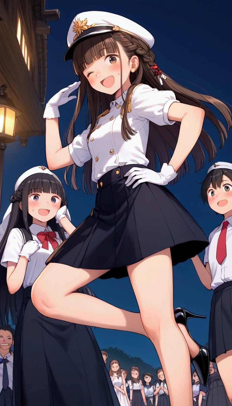 {Highest quality}, {Super beautiful},{Ultra fine},{Best illustration},Brown Hair,Hime cut,long hair,Braid,One woman,Standing Woman,Strike a pose,Adult women,smile,Excited face,Wink,Uniform cap,White Shirt,Short sleeve,long black skirt,White gloves,Night Festival,Blushing,Slender,Black stiletto heels,barefoot,From an angle,From below,Put one hand on your hip,Woman with closed legs