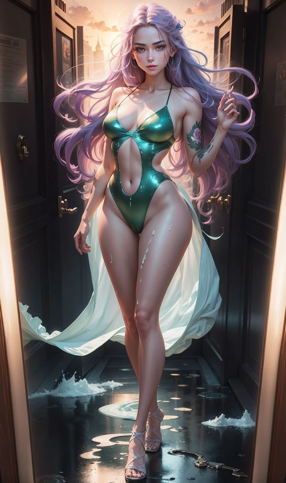real-life, full length portrait of a young girl, 20 years old. perfectbody, realistic perfectbody composition, light purple hair swaying in the wind, body soaking wet, waterfall scene. Beautiful perfect realistic green eyes, charming smile, compose the most beautiful perfect face in the world overall, meticulously detailed hand-painted with the highest quality image. skin fair, good looking, tattoo art, 2cm liquid acrylic sexy sexy clothing, warm dreamy light, Volumetric Light, adventure style pulp, dynamic gradient, true color, Illustration Graphics, vector curves highly detailed, Simpler, Soft and clean, vectorial art, Soft, design of character, movie theater, Surrealism, cartazes, collection of masterpieces, sunset, wet pigment. high quality of image, meticulous detail, perfect realistic work real people. Beautiful perfectly realistic hands and fingers. Highest quality virtual images.