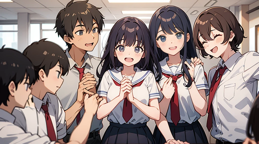 The background is a classroom。The boys and girls are laughing happily with big smiles, holding hands together.。