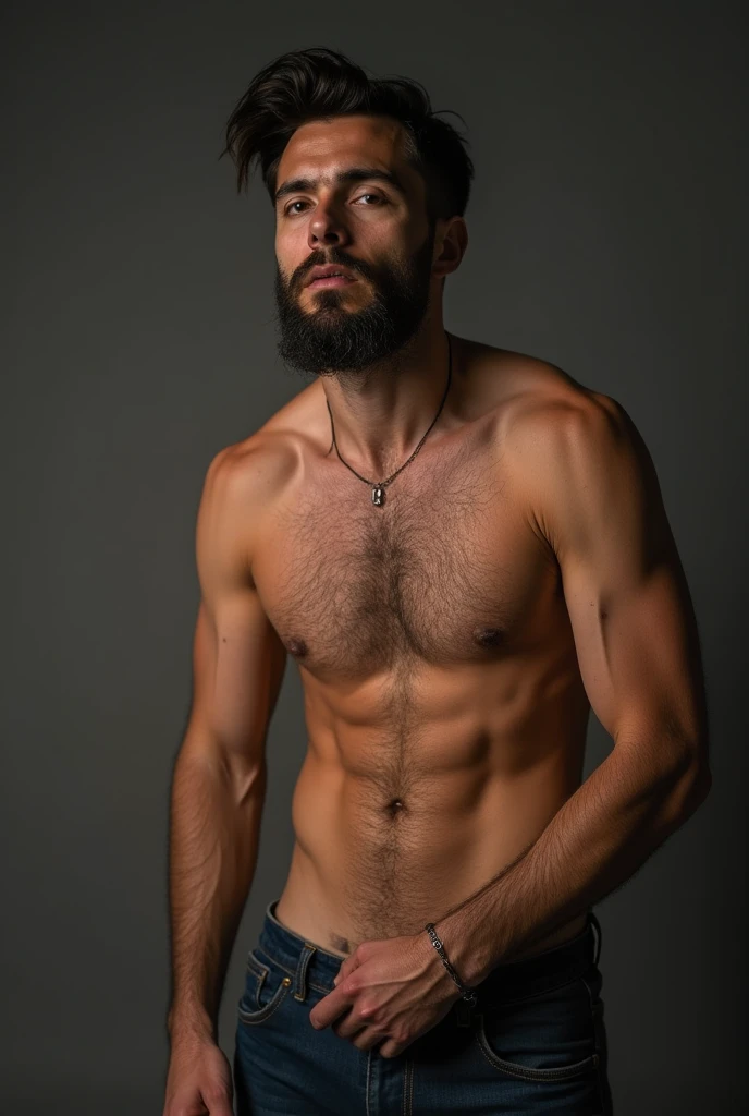 A bearded man masturbating while having a dildo in his ass.