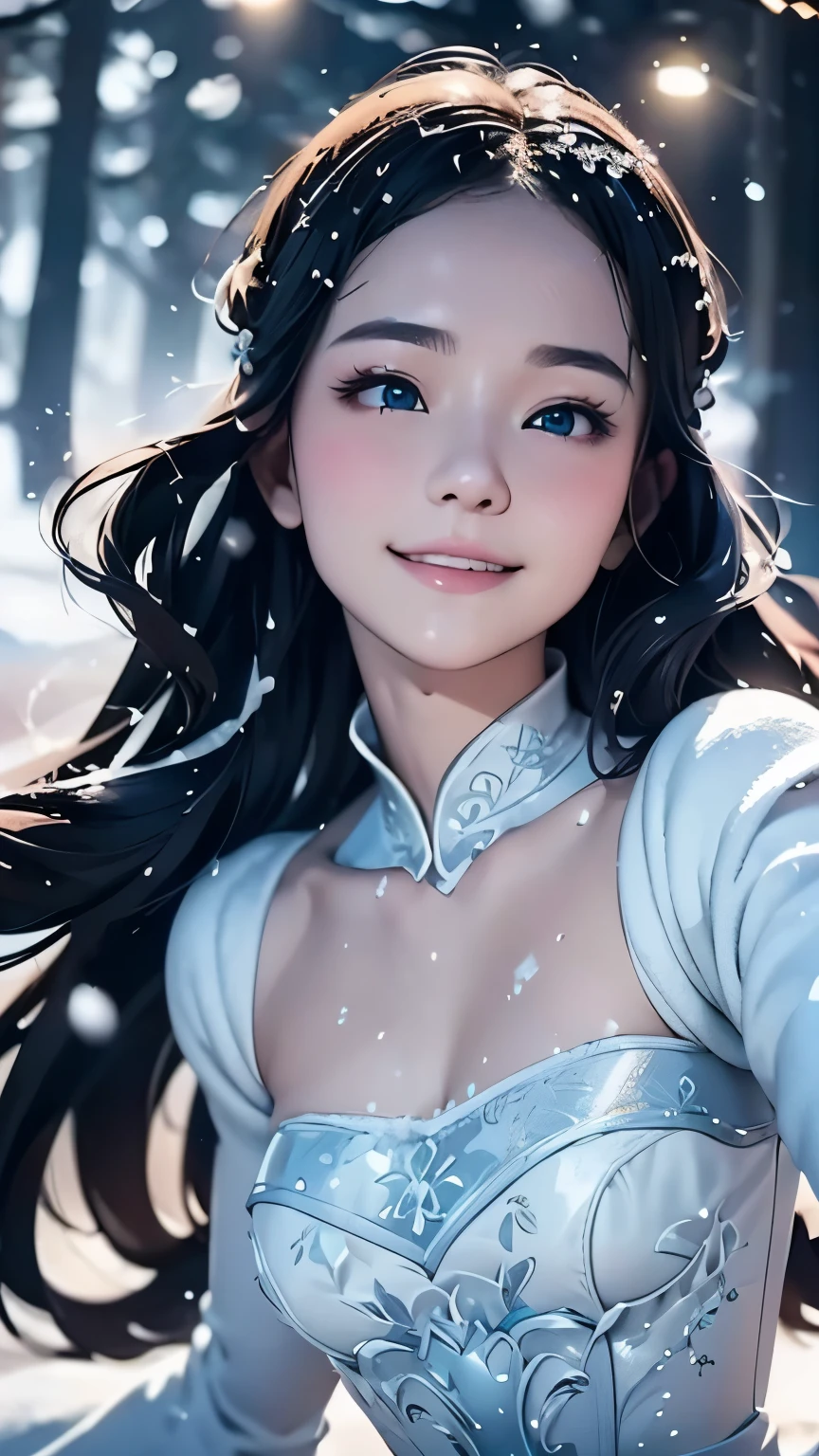 (masterpiece、Highest quality、Highest quality、Official Art、Beautiful and beautiful:1.2)、(One personの大人の女性:1.3)、Twin tails、Moderate bust、Blue Hair、Snow Scene、Snow powder、Smiling face close-up、Glossy Lips、Shining Eyes、The snow queen、Wedding dress、Cosplay、(Real、High resolution)、(One personの大人の女性)、The snow queen、Close-up eyes、Asian adult woman、(Highest quality)、(Tabletop)、(One personの大人の女性)、One person、Beautiful adult woman、Perfect Face、dream-like、Very detailed airbrush art((Surreal))、Volumetric Lighting、(Highest quality)、Super detailed、(Structure of movement:1.4)、Very complex and colorful details、(Bright lighting)、moving composition、Ray Tracing、The mirror reflects light、Shallow depth of field、Super detailed、Exposure Blending、Her eyes shine deeply pink、Snow falling in the background、