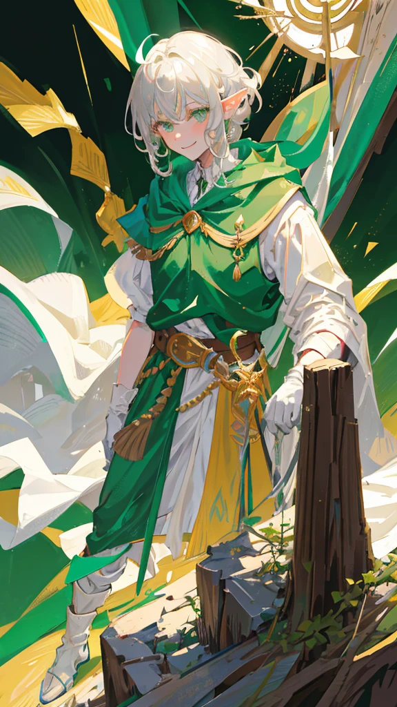 Elf, silver hair, medium hair, medium cut, ahoge, curly hair, green eyes, slender, fair skin, white robe, green cloak, fingerless gloves, brown pants, belt, androgynous, dignified々A cute man in. . A bold smile, with a cane