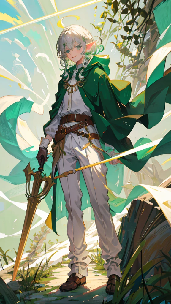 Elf, silver hair, medium hair, medium cut, ahoge, curly hair, green eyes, slender, fair skin, white robe, green cloak, fingerless gloves, brown pants, belt, androgynous, dignified々A cute man in. . A bold smile, with a cane
