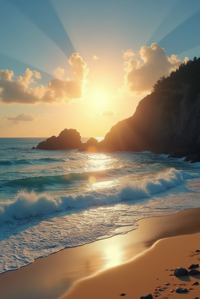 beach ocean sun water mountain peace