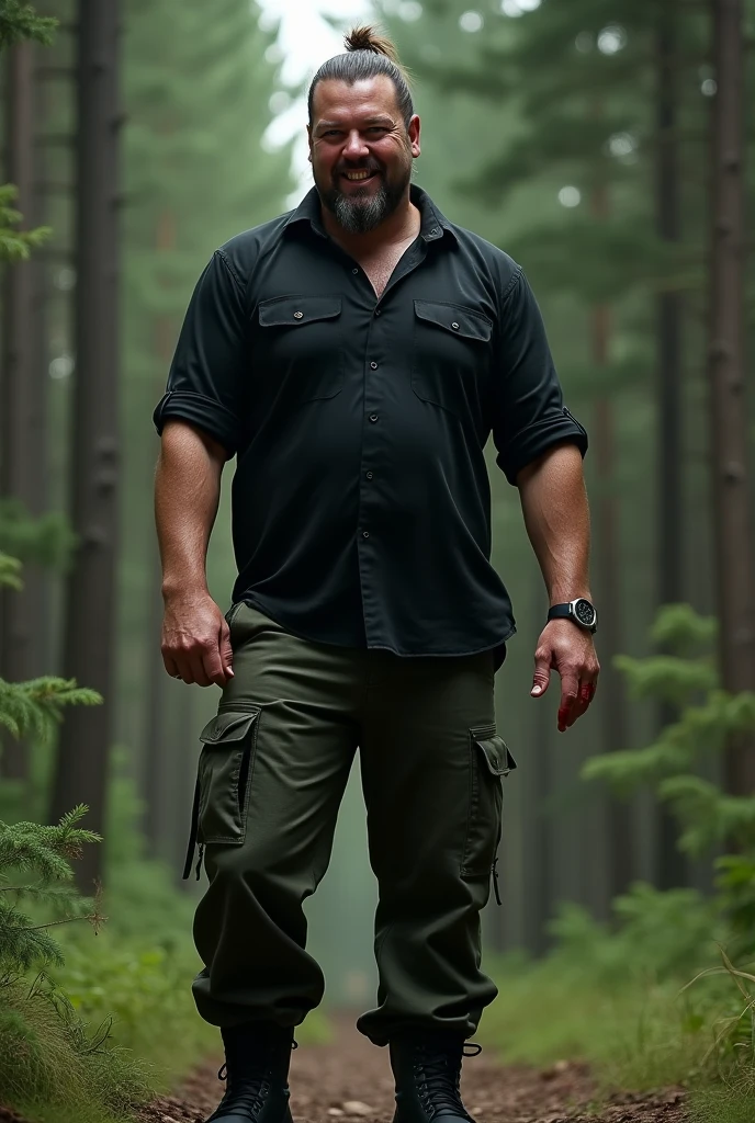 Create a realistic photo of a slightly stocky man in a black shirt, and military pants. He has a small ponytail and light green eyes., your face has a murderous expression. He wears black military boots and has a tactical knife strapped to his leg.. He stands in a pine forest with a murderous smile on his face and his hands covered in blood.