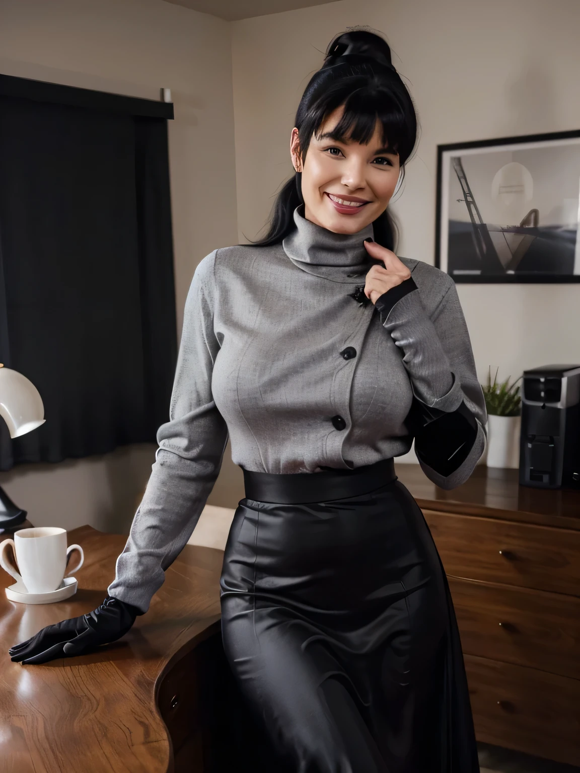 photo of a classy prime minister of parliament woman standing near her desk with her hands a mobile phone, bettie page at 45 years old , smiling in front of a man,the man is holdin a caffe,, Bettie has a grey tellier double breasted jacket grey turtleneck sweater , and a black long maxi-skirt(black long maxi-skirt:1.2 ) (( black ponytail hair)) (( she is wearing his favorite vintage grey silk gloves )) (( intimate moment, she likes this young man))