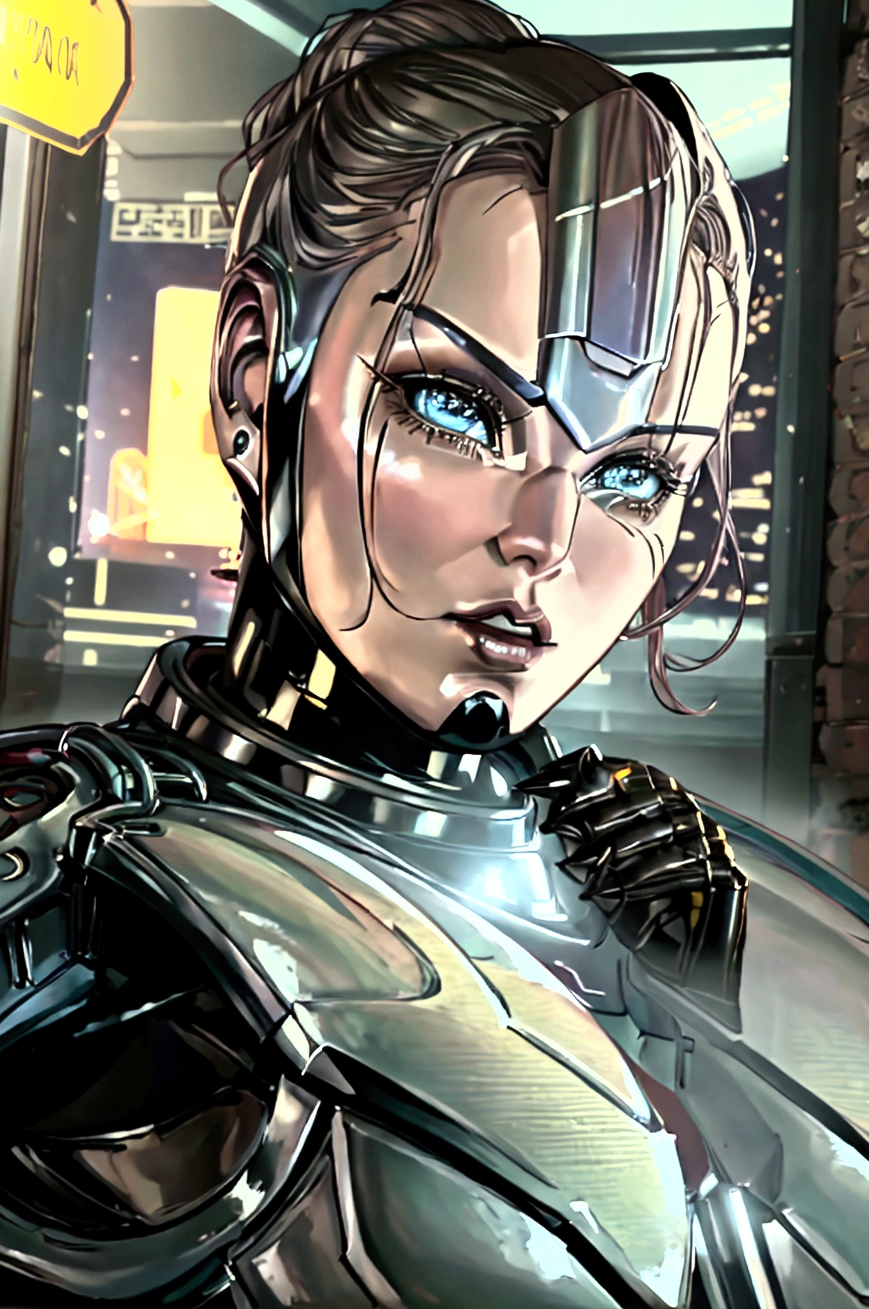 A female Robocop is captured by a handsome young man..