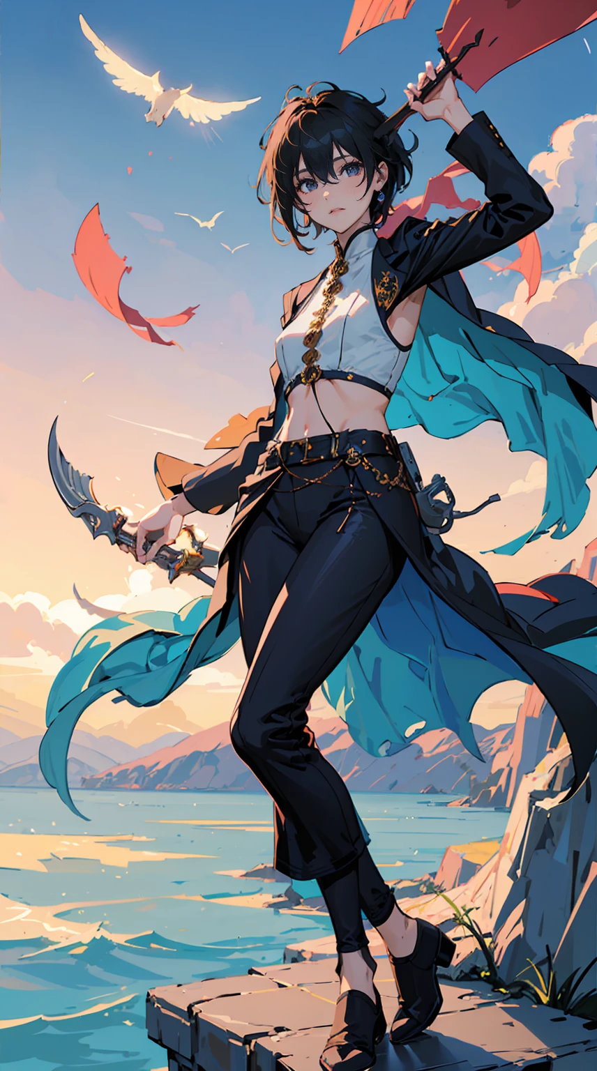 Highest quality、masterpiece、8k、Realistic、超High resolution、Very delicate and beautiful、High resolution、Fantasy World、An androgynous boy、Black Hair、Medium Hair、Toned body、pants、boots、Full body emphasis、Simple Background、