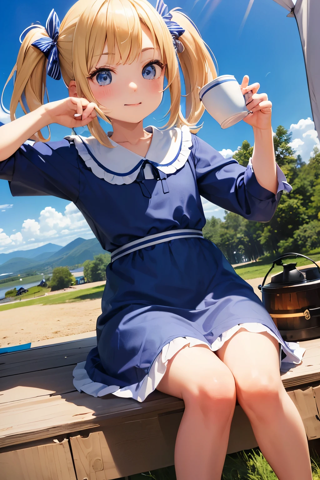(((Petite girl with blonde twin tails))),( blue ruffle dress),1girl in,(masutepiece), (Best Quality), (Best Detail), (Distant perspective), (((Angle from below))), Very detailed face, , shading ,(((doing camp))),(((Sitting in a camping chair))),((In front of the teepee tent))),,,((looks fun)),Drinking coffee,Cooking over a bonfire