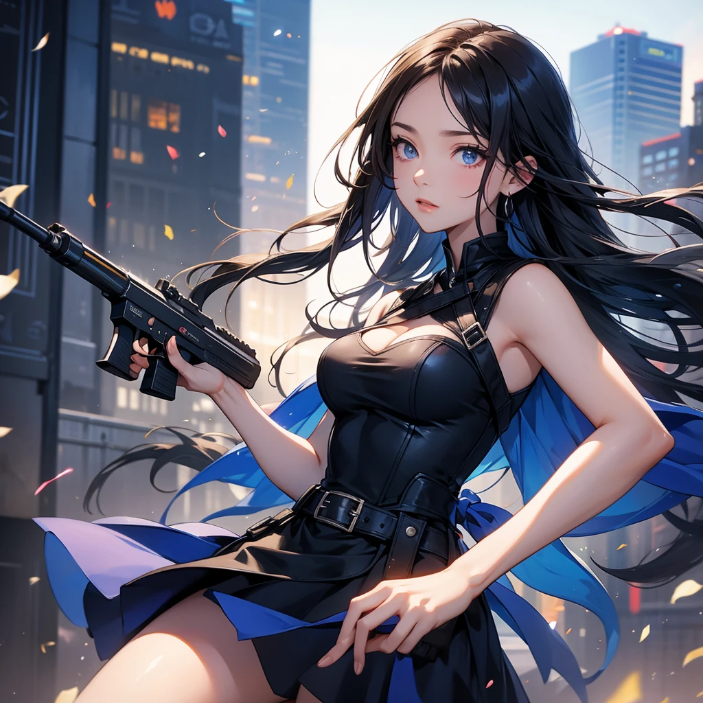 a beautiful woman with long black hair, wearing a tight blue dress, standing holding a pistol, aiming the barrel at the bad guys, on a tall building, the sun is setting, close up.