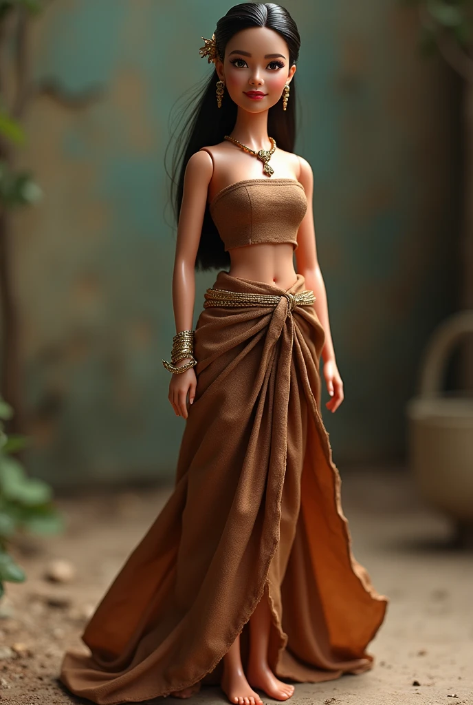 Barbie wearing a brown horizontal chest cloth and a brown sarong on top, from the old days.