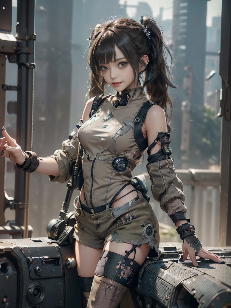 (Full Body View:1.2)、(Side view:1.1)、(Please smile with your teeth showing:1.4),(Shibuya Gal:1.5)、(Gothic Lolita style fashion:1.5)、(Tattered khaki and gray futuristic micro high leg bodysuit:1.5)、(Tattered Khaki and Beige Micro Fancy Sleeves:1.5)、(Tattered khaki micro shorts:1.5)、(Brown and khaki knee socks:1.3)、(camouflage:1.3)、(Military jacket:1.4)、Brown boots、Khaki gloves、internal、(The underwear is striped:1.4)、23 years old、(Posing as a gravure model:1.3)、((Highest quality、8k、masterpiece:1.3))、One girl、The beauty of slim abs:1.3、(Hairstyle Casual、Big Tits:1.1)、dress:1.1、Super small face、Narrow eyes、double eyelid、Laughter、Esbian all over body、Dynamic Angle、Close-up、CPL Filter、Blurred Background、Bokeh、Blue Hour、Detailed face and skin texture、Detailed Eyes,(Twin tails:1.3)、(Brown Hair:1.4)、Gravure idol pose、(The background is the cockpit of a futuristic weapon.:1.3)、(The body is slim:1.2),(Slim legs:1.4),(clavicle:1.1)