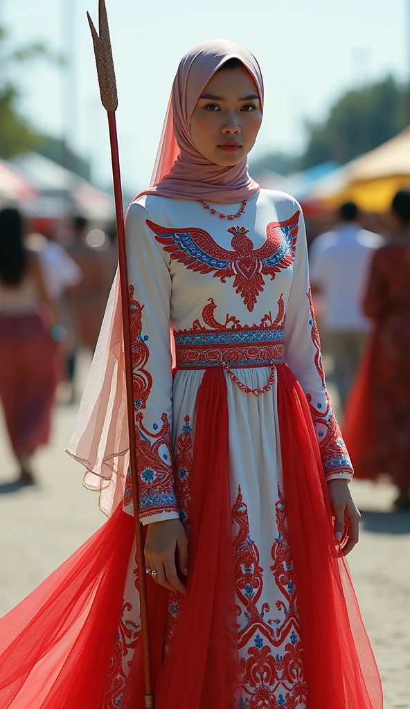 Muslim woman wearing a dress made of used plastic, soft transparent red and white colour with red and white motifs, with wings like Indonesian garuda, holding a spear, elegant minimalist clasik design, wearing a white long skirt with red and blue straight line motifs, carnival event, very realistic, very realistic, (complex detail: 0.9), (hdr, hyperdetail: 1.2), RAW, Sony Alpha a9 II, 24-105mm f/4, HDR,