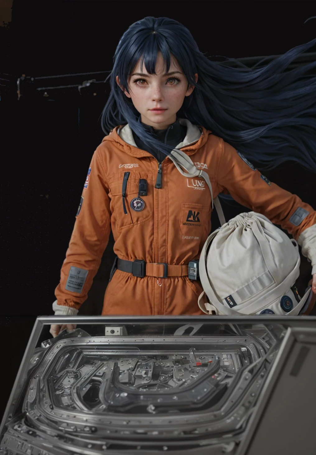 Complete the whole body of the orange Russian female astronaut。