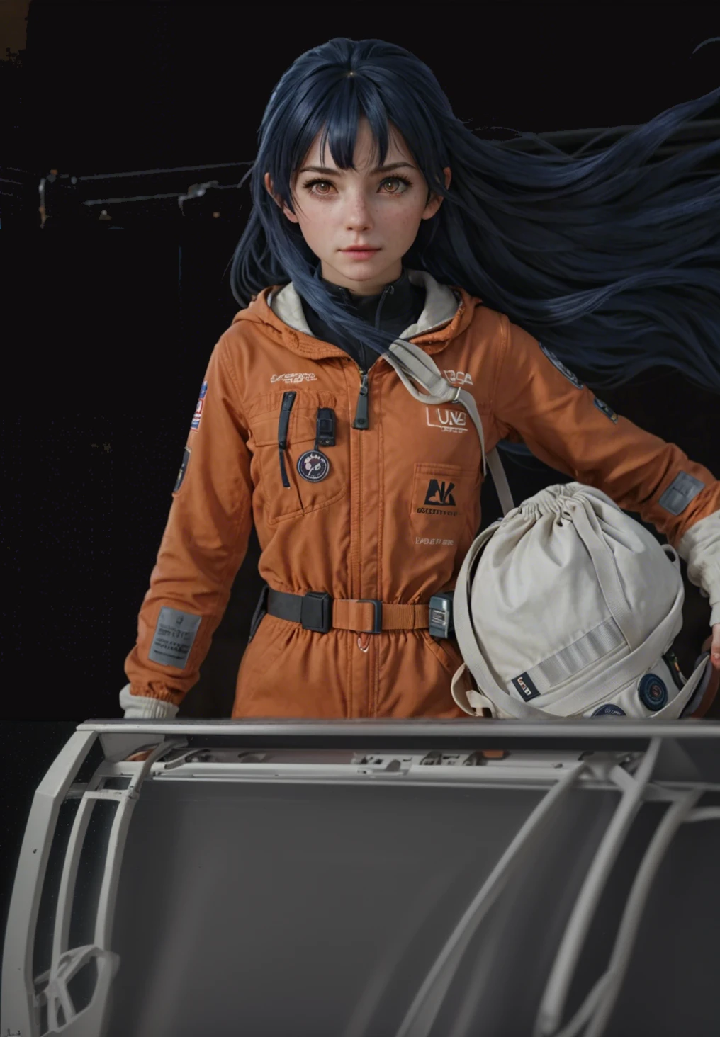 Complete the whole body of the orange Russian female astronaut。