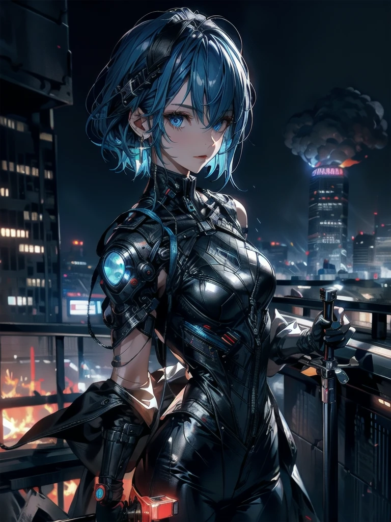 absurdes, RAW Photos, Very delicate and beautiful, masterpiece, Highest quality, Ultra-high resolution, 32K, surreal, Very detailed, cyberpunk world、20-year-old, Delicate facial features,, Earrings, Medium chest, Full Body Shot, Shorten the middle part of the hair, Beautiful Blue Hair, , short Hairstyles、Cyber Tech Suit with realistic texture、The fabric is thin,City background.(night、Rooftop of a burning building:1.5)
Hair in front of eyes, Blue Hair/Light blue hair, Hair that falls over the shoulders, (Carrying a weapon、have a weapons:1.2)