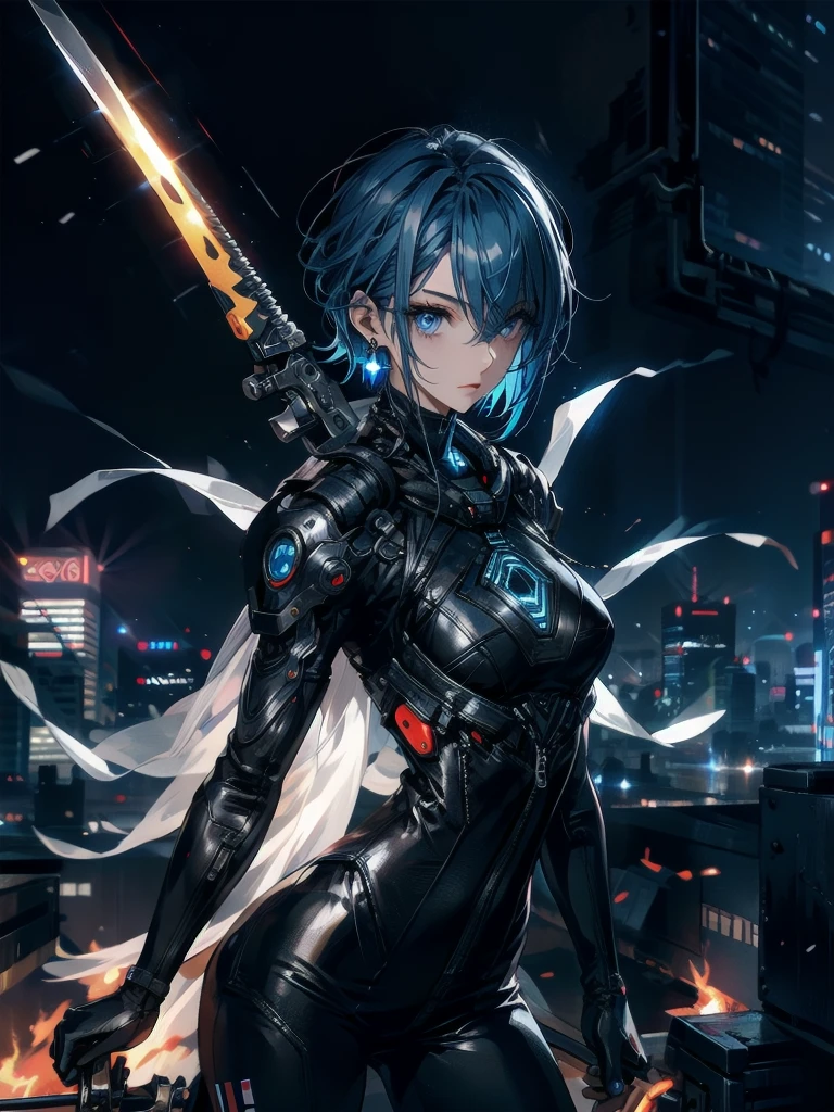 absurdes, RAW Photos, Very delicate and beautiful, masterpiece, Highest quality, Ultra-high resolution, 32K, surreal, Very detailed, cyberpunk world、20-year-old, Delicate facial features,, Earrings, Medium chest, Full Body Shot, Shorten the middle part of the hair, Beautiful Blue Hair, , short Hairstyles、Cyber Tech Suit with realistic texture、The fabric is thin,City background.(night、Rooftop of a burning building:1.5)
Hair in front of eyes, Blue Hair/Light blue hair, Hair that falls over the shoulders, (Carrying a weapon、have a weapons:1.2)