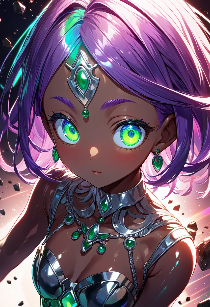 High resolution,Sharp focus,(Very detailedな,Very detailed),(Very detailed CG unity 8k wallpaper),(((Vibrant colors)))、
One Girl、DQ Minnea, Purple Hair、skin tanned, shiny skin,very shiny skin,Shiny body,plastic glitter 
skin,exaggerated shiny skin,illuminated skin))),
Complex eyes,Beautiful details,Symmetrical eyes,Big eyes:1.5,Seductive eyes, (((dark skin,dark_skin,lustrous skin:1.5,bright skin: 1.5,
(,Detailed body,(Detailed face)), cute,Obscene,erotic,bold,Camel Toe,
Revealing clothing,show skin,
Circlet, Earrings, choker, bracelet, 
(((Glamorous clothes)))Orange Dress、Embroidered costumes,Glamorous costumes,Embroidered clothes,

(flying debris, 超High resolution),Wear an iridescent aura,
Invisible Light, Amazing shine, Neon green glow, Otherworldly colors,Bright colors, Ghostly Effects,