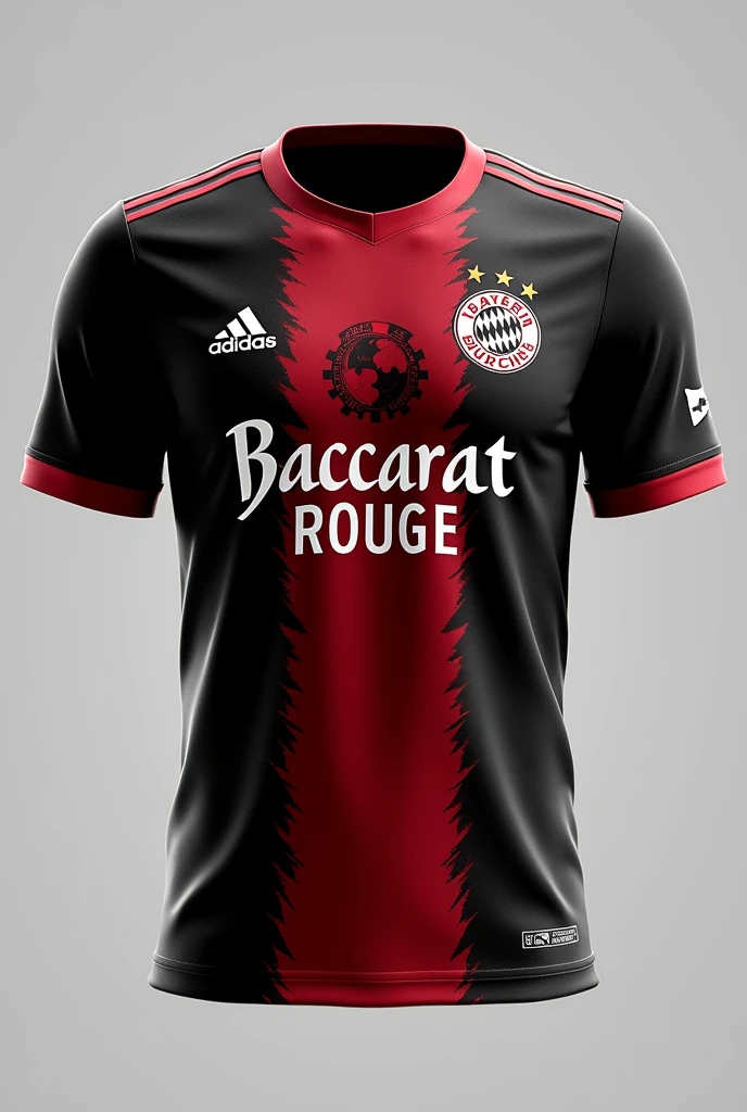 The Bayern Munich team jersey is black and red and has a Hitler design on it. In the middle of the jersey, the sponsor is written as baccarat rouge.
